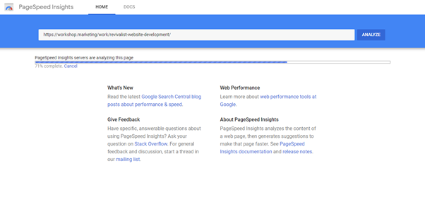 Check core web vitals with pagespeed insights