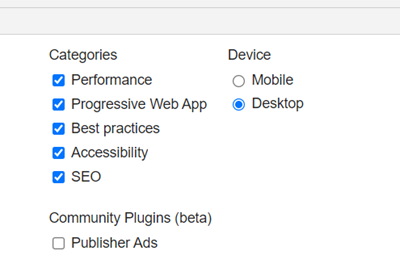 Select the device type you want to see core web vitals for and choose the categories you want to report on.